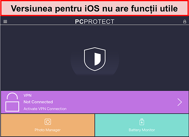 Captură de ecran a aplicației iOS pentru PC Protect care nu are caracteristici reale.
