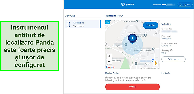 Captură de ecran a instrumentului de localizare antifurt Panda care detectează locația precisă a unui dispozitiv protejat.
