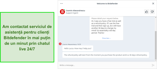 Captură de ecran a unei conversații de chat live cu un agent de asistență Bitdefender.