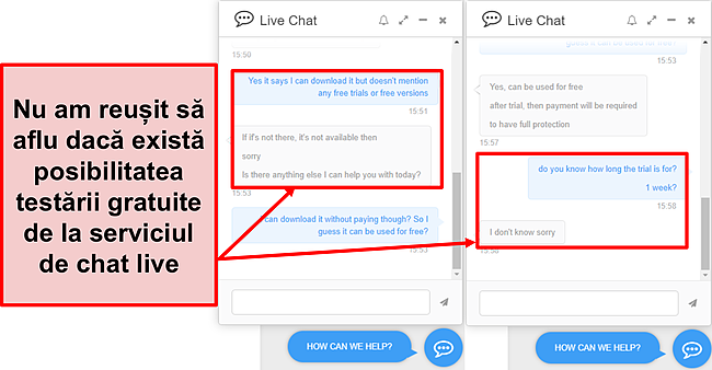 Captură de ecran a echipei de asistență PC Protect care nu mi-a spus dacă a existat o încercare gratuită oferită și dacă a existat, cât a durat.