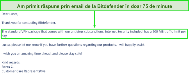 Captură de ecran a unui e-mail de asistență de la Bitdefender.