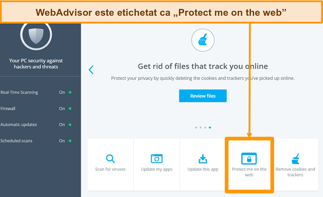 Captură de ecran a tabloului de bord al aplicației McAfee care evidențiază caracteristica WebAdvisor