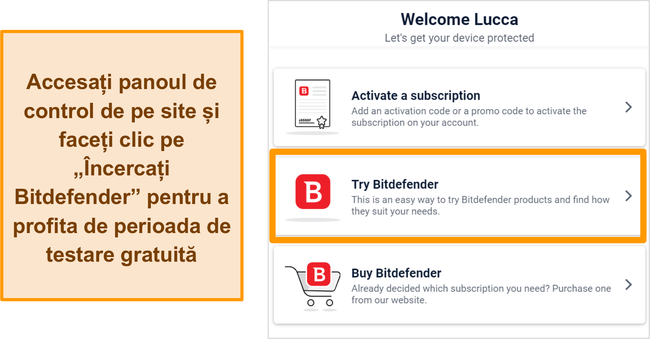 Captură de ecran a modului de pornire a unei probe pentru Bitdefender din tabloul de bord web Bitdefender Central.