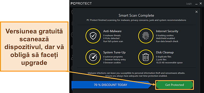 Captură de ecran a versiunii gratuite PC Protect care rulează o scanare înainte de a vă spune să faceți upgrade.