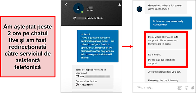 Captură de ecran a chatului live Premium Panda.