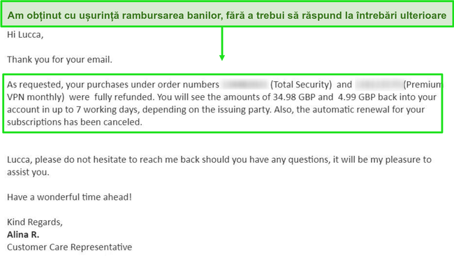 Captură de ecran a unui e-mail de solicitare a rambursării cu succes de la un agent de asistență Bitdefender.