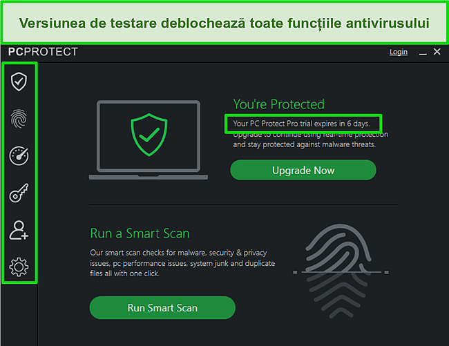 Captură de ecran a versiunii de încercare a PC Protect și a caracteristicilor sale deblocate.