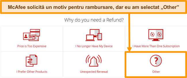 Captură de ecran a asistenței pentru clienți McAfee care solicită un motiv pentru solicitarea de rambursare