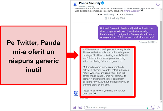 Captură de ecran a răspunsului Twitter al Panda la o întrebare de configurare specifică.