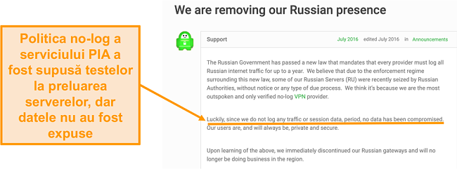 Screenshot al site-ului VPN Private Access Internet cu o postare pe blog care descrie motivul retragerii PIA din Rusia