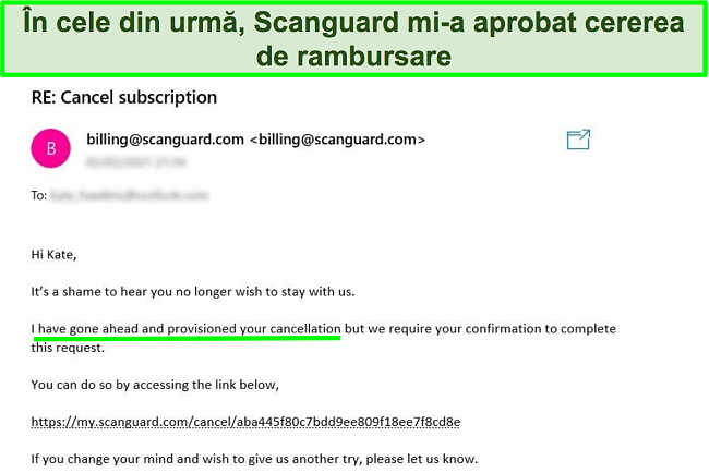 Captură de ecran a unui utilizator care solicită o rambursare cu garanția de returnare a banilor de la echipa de asistență pentru clienți Scanguard