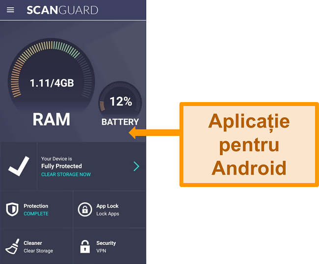 Captură de ecran a interfeței aplicației Android a Scanguard.