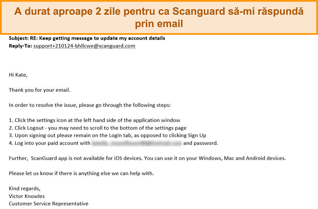 Captură de ecran a răspunsului e-mail de asistență pentru clienți de la Scanguard.