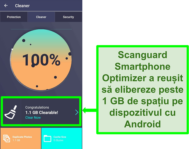 Captură de ecran a funcției Scanguard's Cleaner de pe Android pentru a elimina peste 1 GB de fotografii duplicate.