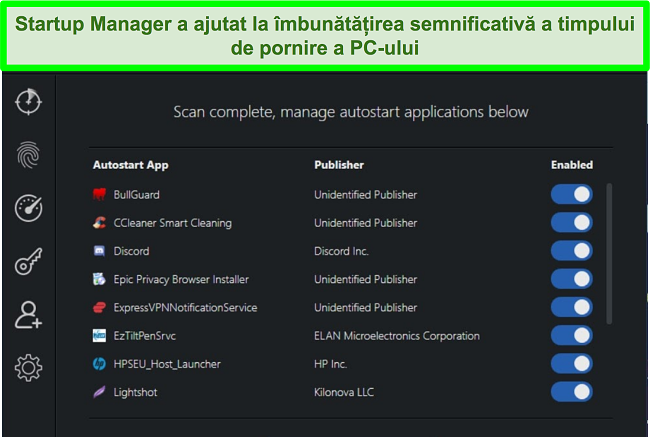 Captură de ecran a Managerului de pornire Scanguard cu aplicațiile de pornire automată listate.