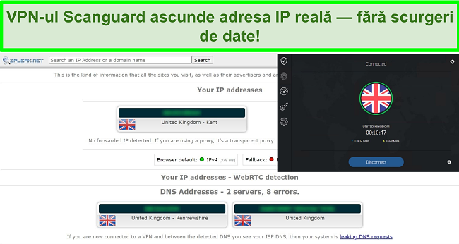 Captură de ecran a VPN-ului Scanguard și un test de scurgere IP care nu arată scurgeri de date.