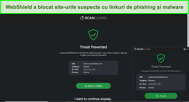 Captură de ecran a funcției WebShield a Scanguard care blochează accesul la un site de testare malware.
