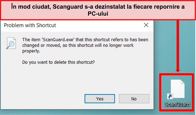 Captură de ecran a comenzii rapide defectate de Scanguard pe computerul Windows.