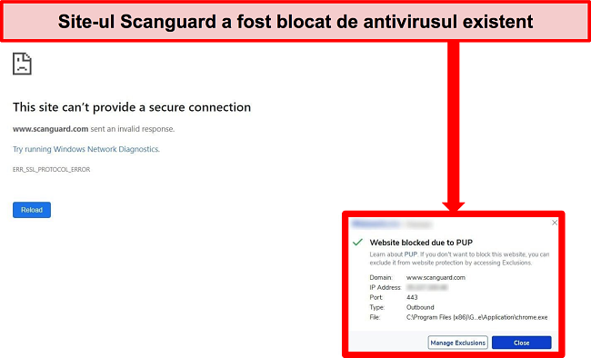 Captură de ecran a blocării antivirusului site-ului web Scanguard datorită PUP.