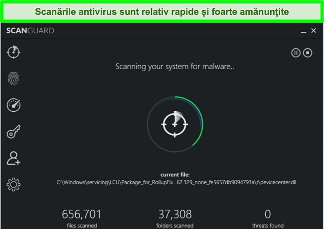 Captură de ecran a scanării sistemului Scanguard care rulează pe un computer Windows.