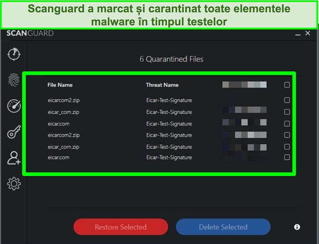 Captură de ecran a carantinei Scanguard cu mai multe fișiere de testare malware.