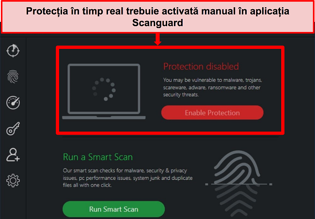 Captură de ecran a aplicației antivirus Scanguard cu protecție în timp real dezactivată.