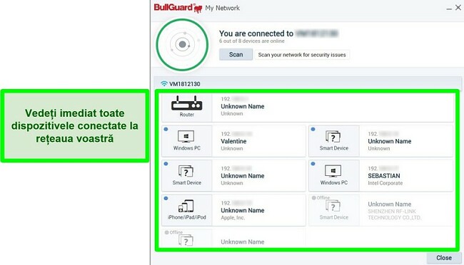 Captură de ecran a scanerului de rețea BullGuard și a dispozitivelor conectate activ la o rețea.