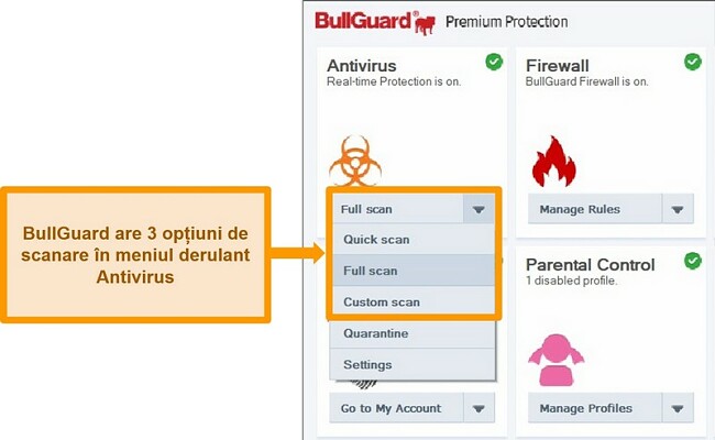Captură de ecran a opțiunilor de scanare ale BullGuard