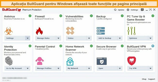 Captură de ecran a interfeței principale a BullGuard așa cum apare pe Windows.