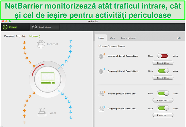 Captură de ecran a interfeței de utilizator Intego NetBarrier care protejează traficul de rețea de intrare și de ieșire