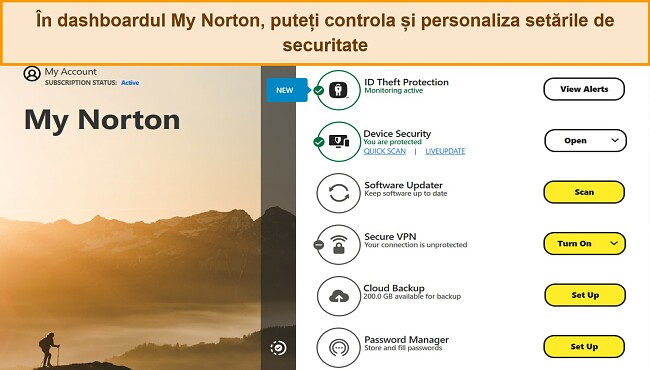 Captură de ecran a interfeței tabloului de bord My Norton pe Windows.