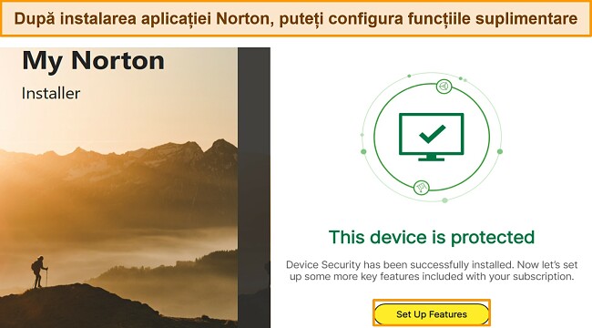 Captură de ecran a interfeței Norton după finalizarea instalării, cu o evidențiere axată pe butonul „Configurare funcții”.