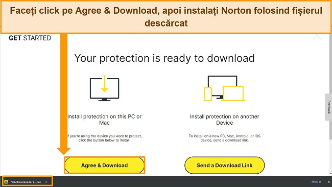 Captură de ecran a paginii web Agree & Download Norton, evidențiind fișierul de instalare.