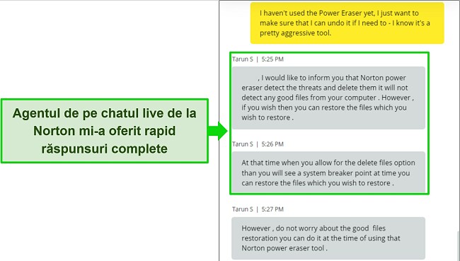 Captură de ecran a agentului de chat live al Norton care răspunde la o întrebare despre instrumentul Power Eraser.