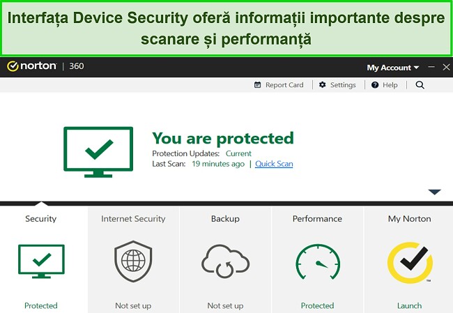 Captură de ecran a tabloului de bord Norton Device Security pentru Windows.