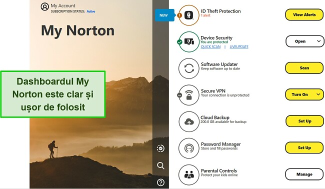 Captură de ecran a interfeței tabloului de bord My Norton a Norton pe Windows.