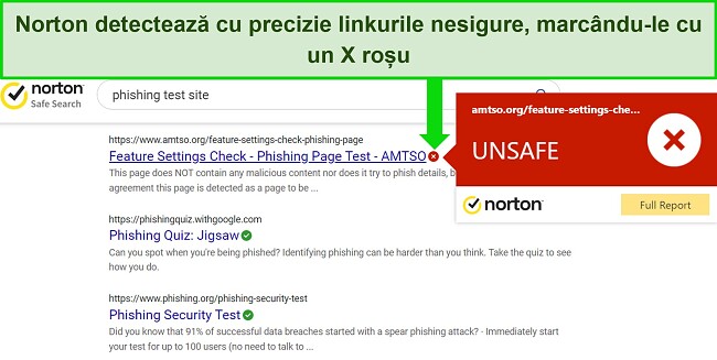 Captură de ecran a extensiei de browser Safe Search de la Norton care detectează cu acuratețe adrese URL sigure și nesigure