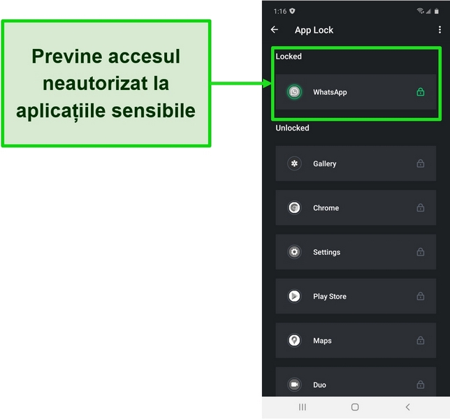 Captură de ecran care prezintă caracteristica Blocare aplicații în aplicația Android TotalAV