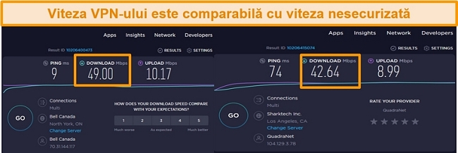 captură de ecran care compară vitezele de conexiune VPN ale serverului american și neasigurate