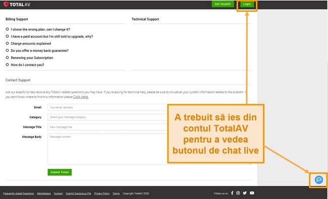 Captură de ecran a funcției de chat live a TotalAV