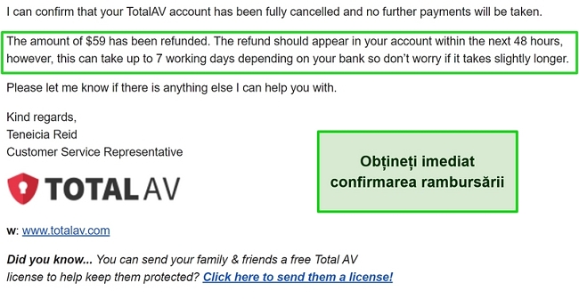Screenshot of TotalAV's refund confirmation email