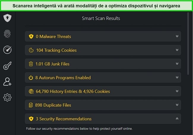 Captură de ecran a rezultatelor scanării inteligente