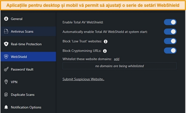 Captură de ecran a setărilor WebShield din aplicația desktop TotalAV