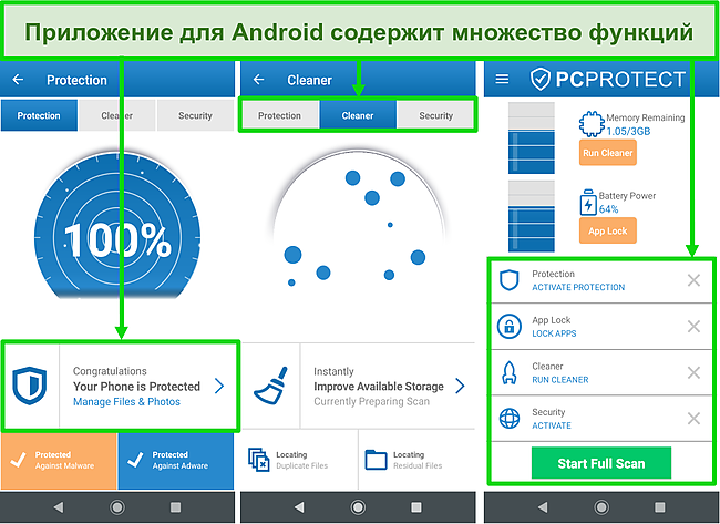 Снимок экрана Android-приложения PC Protect, предлагающего множество функций.