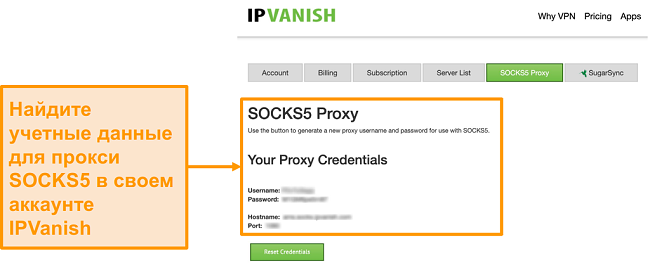 Скриншот бесплатных учетных данных прокси-сервера SOCKS5 от IPVanish на сайте