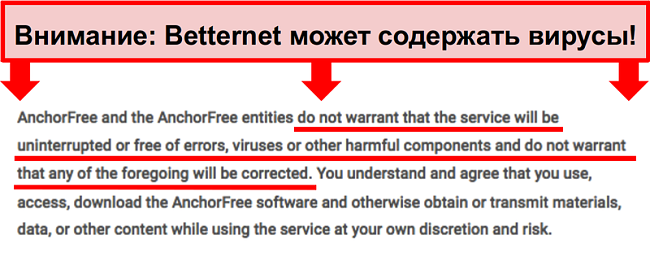 Скриншот терминов Betternet, которые не гарантируют защиту от вредоносных программ