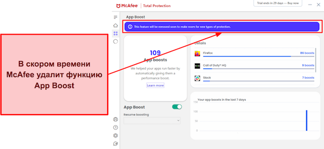 Снимок экрана, показывающий, что функция McAfee App Boost скоро будет удалена