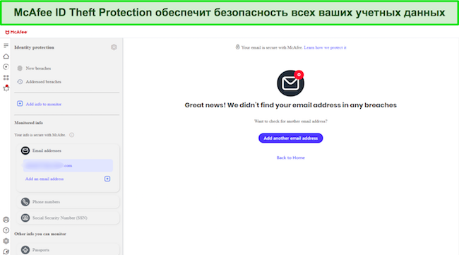 Снимок экрана, показывающий интерфейс McAfee Identity Theft Protection
