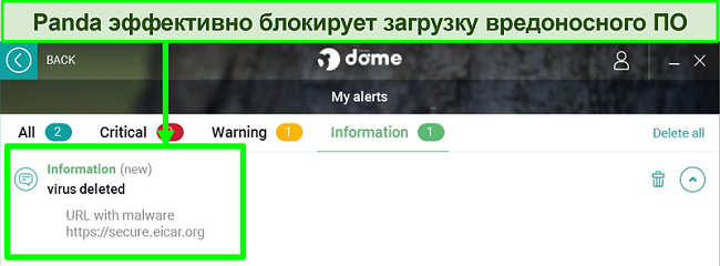 Снимок экрана раздела «Мои оповещения» Panda с выделенным информационным оповещением.