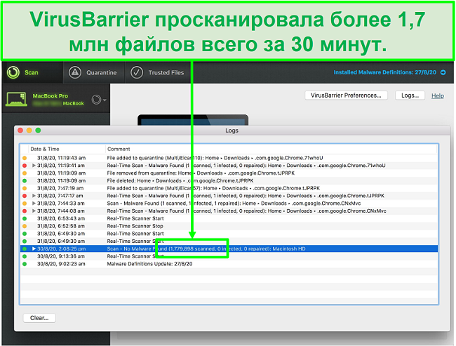 Снимок экрана журналов сканирования вирусов Intego, показывающий, что 1,7 миллиона файлов были просканированы за 30 минут